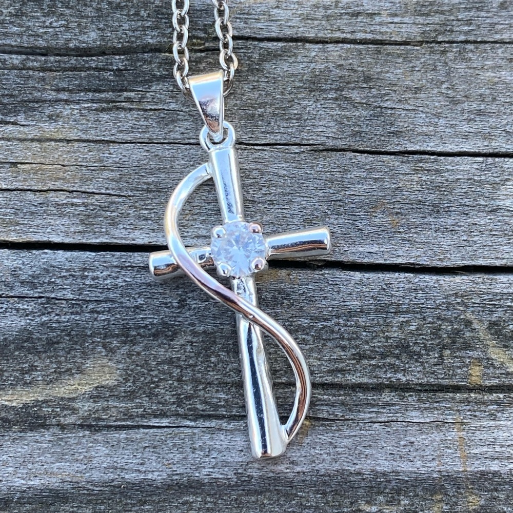Cross necklace sterling silver plated with center CZ stone